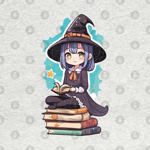 Cute Anime girl witch sitting on books by InkPulse